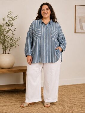 J. Jill Love Linen Blue White Striped Button-Up Coastal Nautical Preppy Size 4X